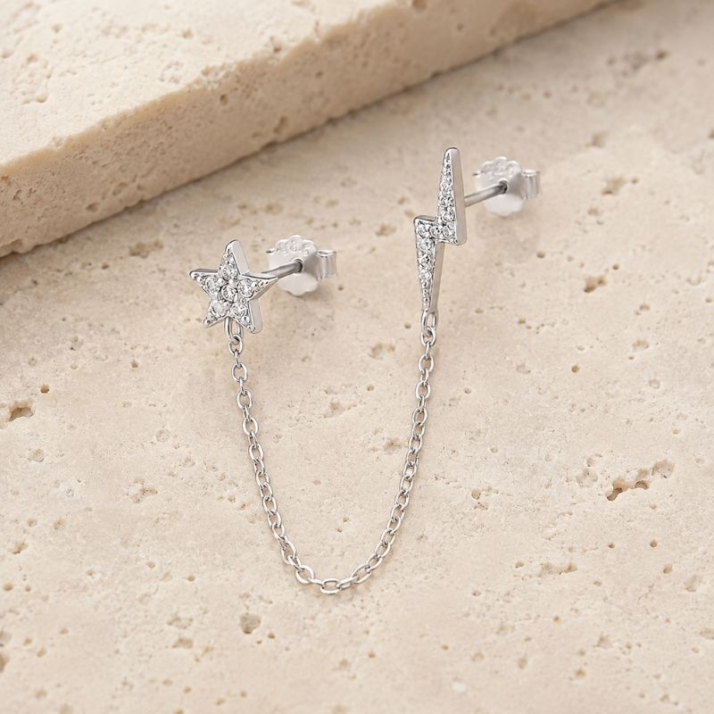 Boucle d'Oreille Chaine Étoile Et Éclair Argentée