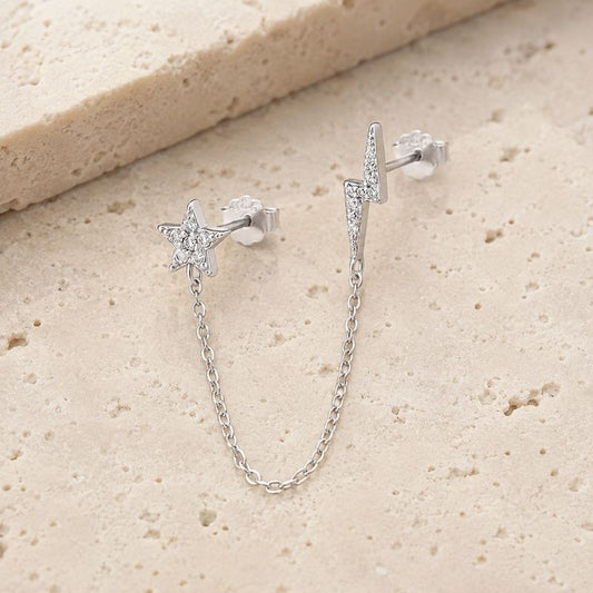 Boucle d'Oreille Chaine Étoile Et Éclair Argentée