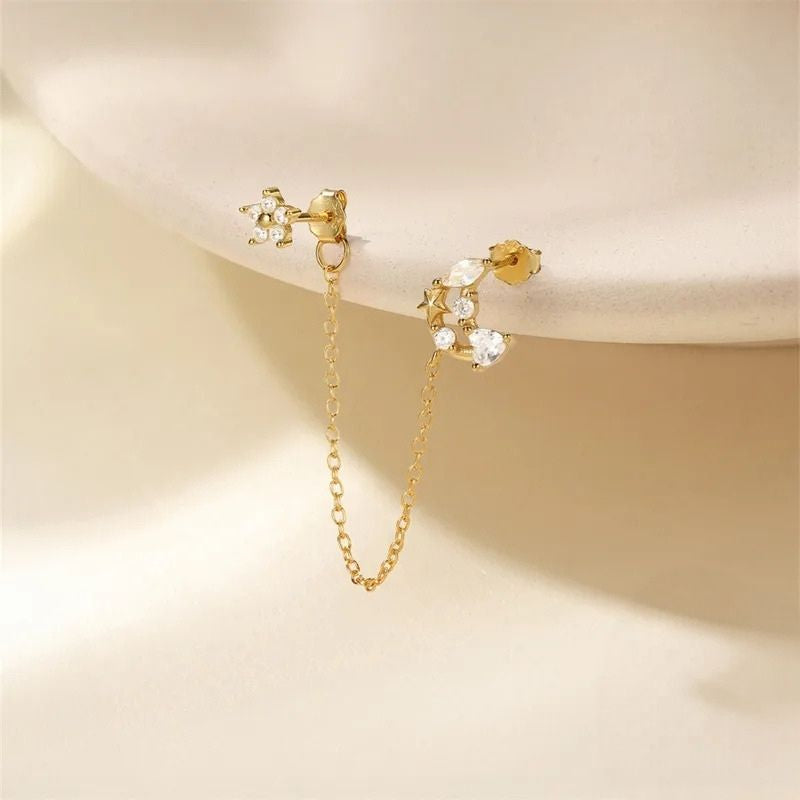 Boucle d'Oreille Chaine Fleur Et Lune Dorée