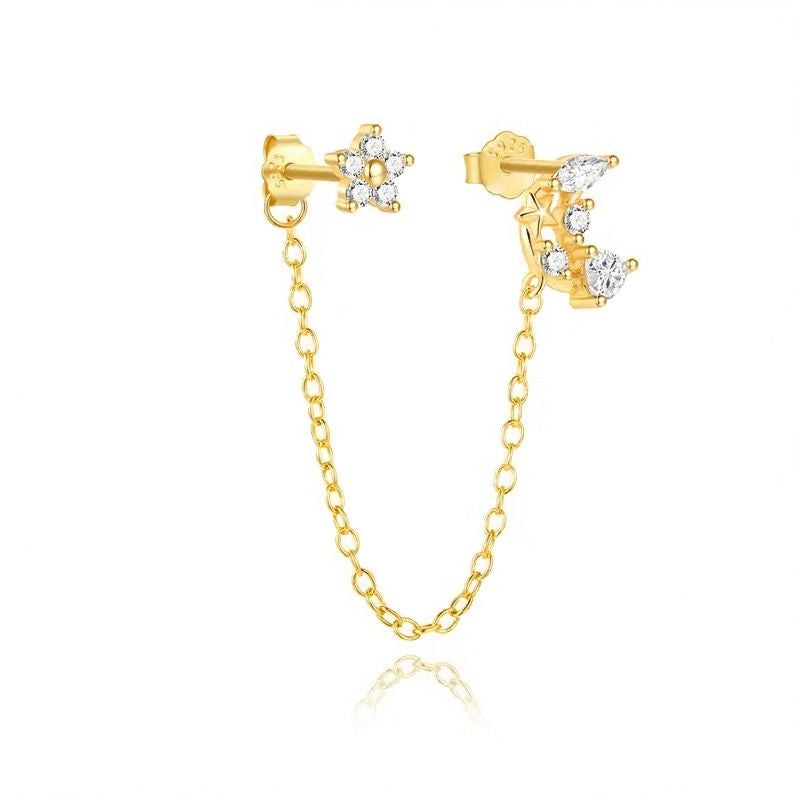 Boucle d'Oreille Chaine Fleur Et Lune Dorée
