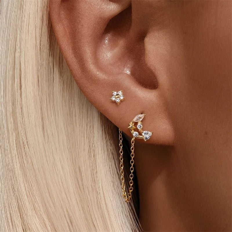 Boucle d'Oreille Chaine Fleur Et Lune Dorée
