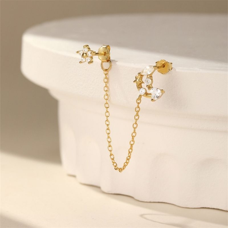 Boucle d'Oreille Chaine Fleur Et Lune Dorée