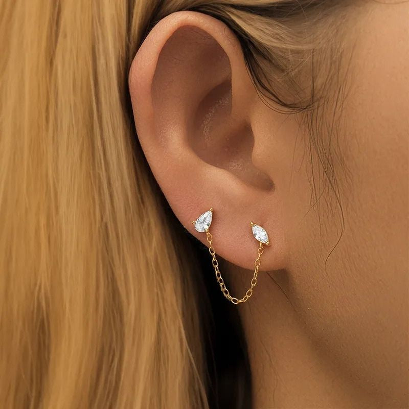Boucle d'Oreille Chaine Goutte Et Amande Dorée