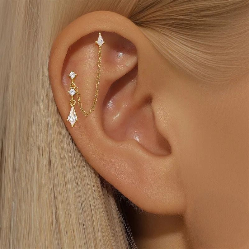 Boucle d'Oreille Chaine Losange Pendant Doré