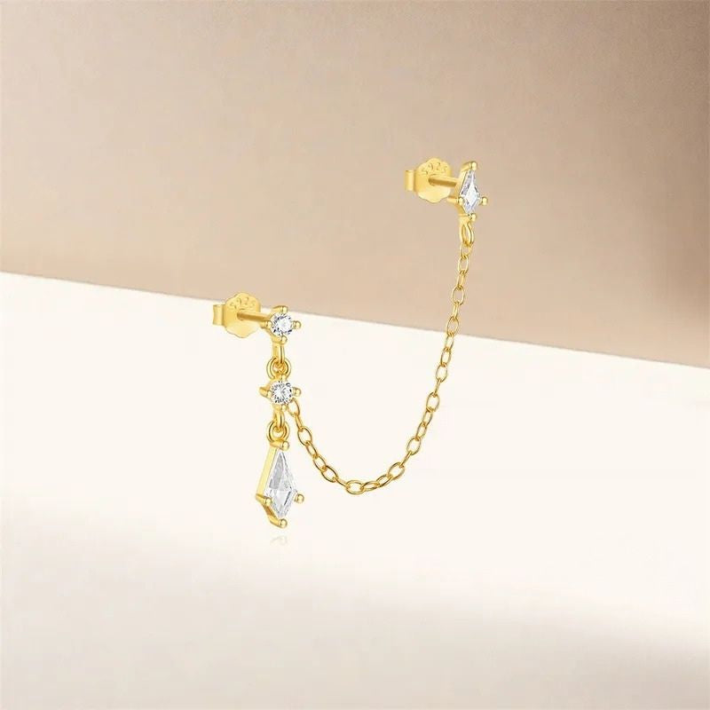 Boucle d'Oreille Chaine Losange Pendant Doré