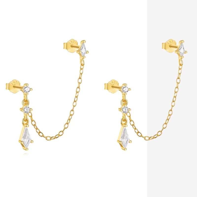 Boucle d'Oreille Chaine Losange Pendant Doré