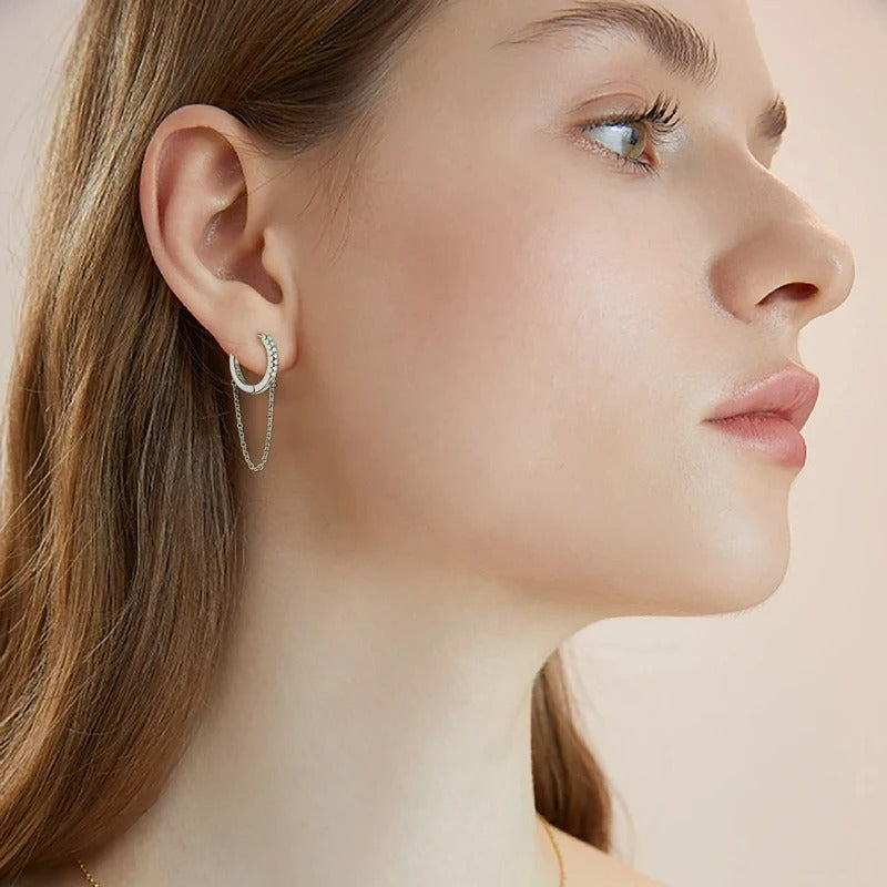 Boucle D'oreille Chaine Pendante - Argent & Moissanite