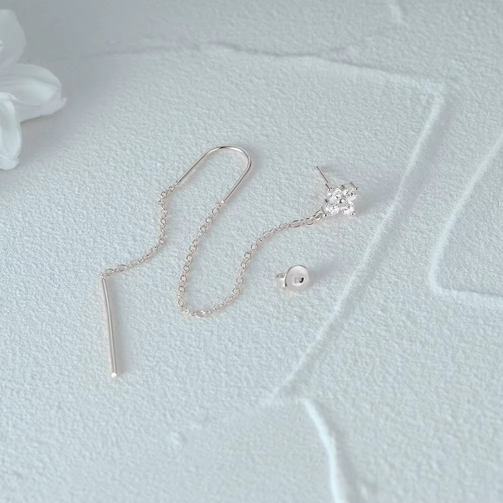 Boucle D'oreille Chaine Pendante Fleur - Argent