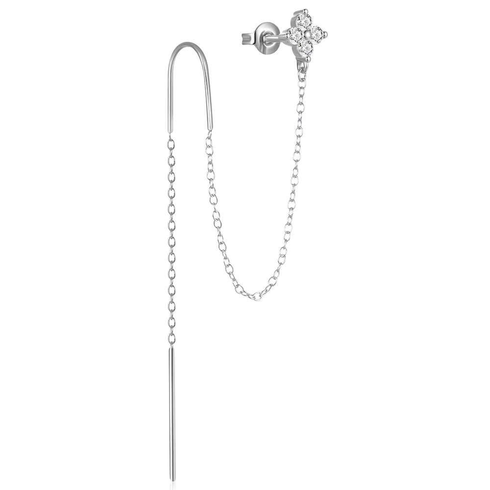 Boucle D'oreille Chaine Pendante Fleur - Argent