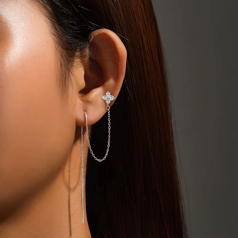 Boucle D'oreille Chaine Pendante Fleur - Argent