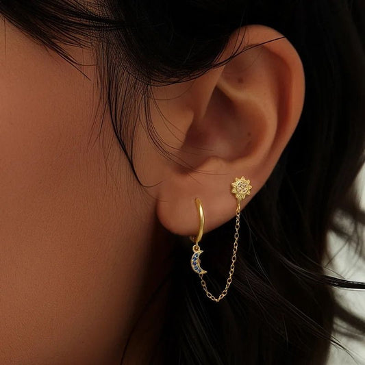 Boucle d'Oreille Chaine Soleil Et Lune Bleutée