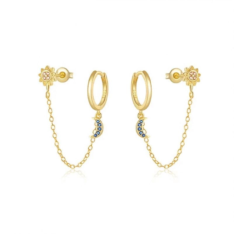 Boucle d'Oreille Chaine Soleil Et Lune Bleutée