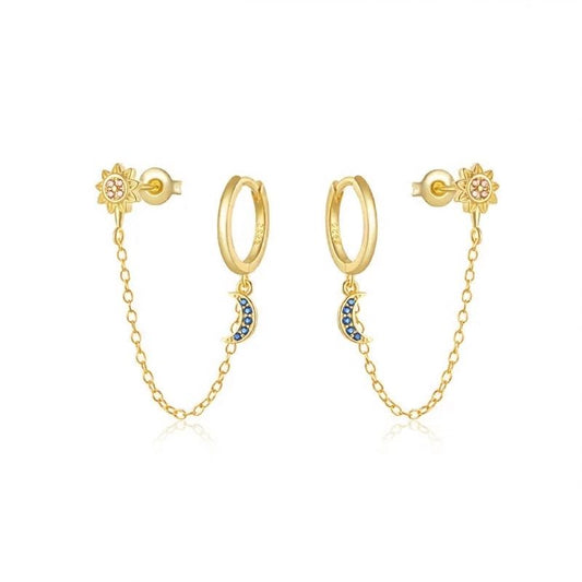 Boucle d'Oreille Chaine Soleil Et Lune Bleutée