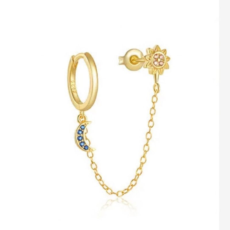 Boucle d'Oreille Chaine Soleil Et Lune Bleutée