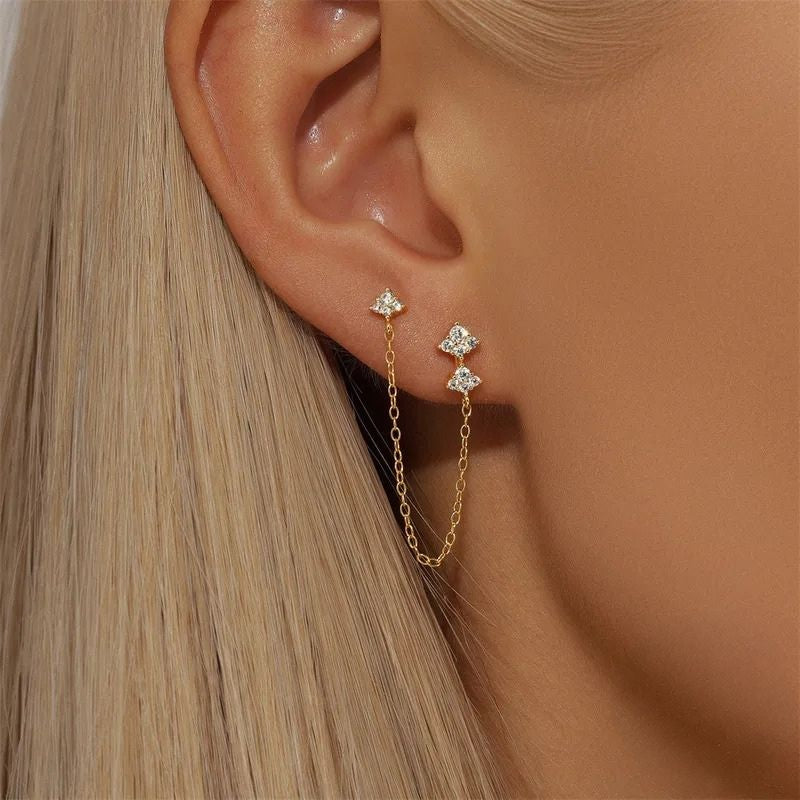 Boucle d'Oreille Chaine Trio De Losanges Dorés