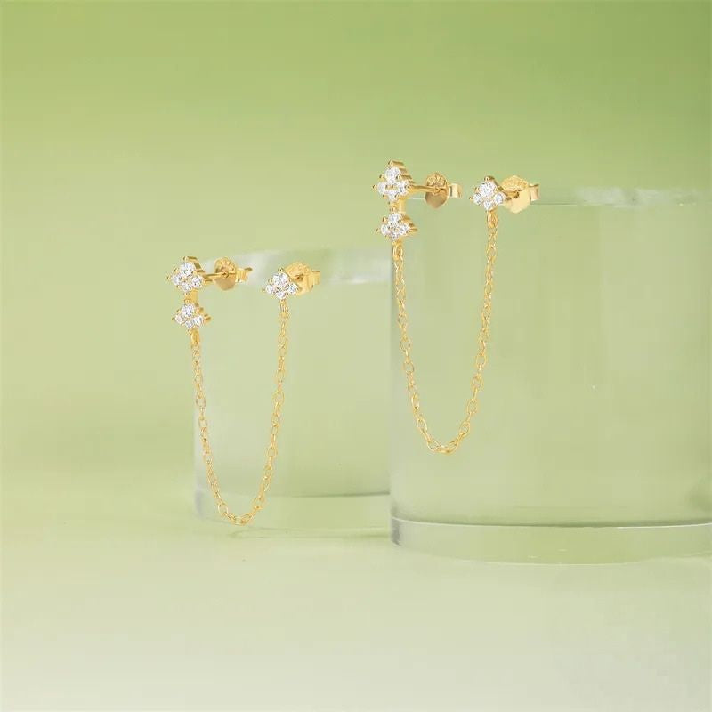 Boucle d'Oreille Chaine Trio De Losanges Dorés