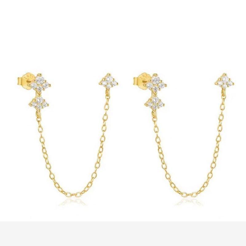 Boucle d'Oreille Chaine Trio De Losanges Dorés