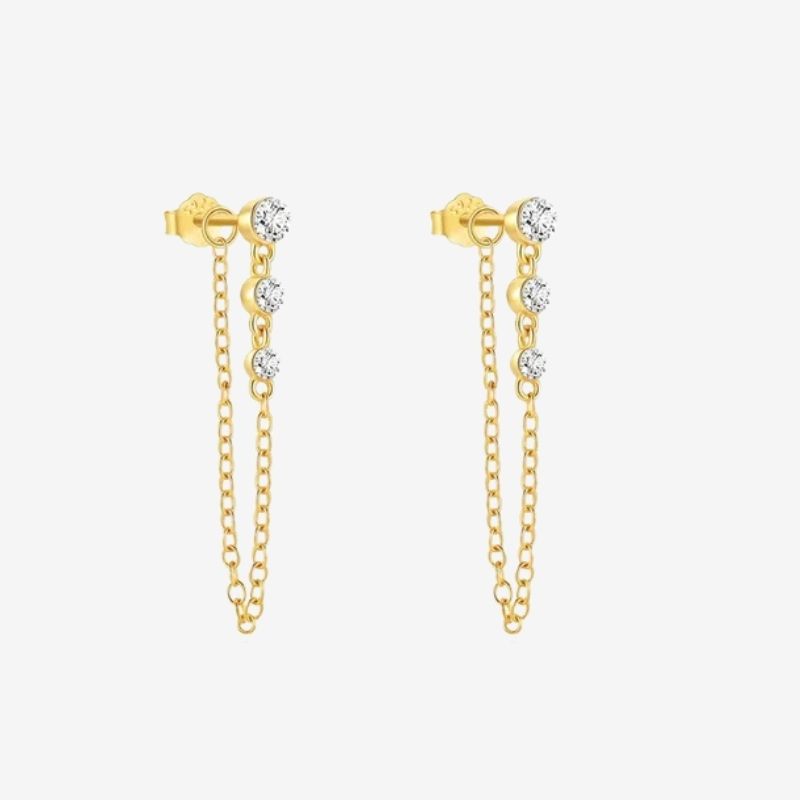Boucle D’oreille Chaine Trio De Pierres Brillantes