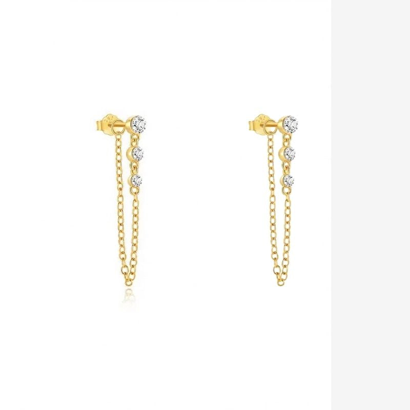 Boucle d'Oreille Chaine Trois Pierres Dorée