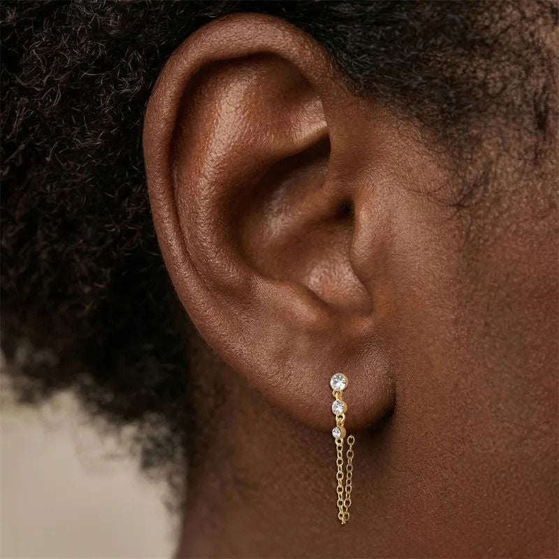 Boucle d'Oreille Chaine Trois Pierres Dorée