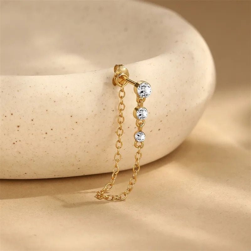 Boucle d'Oreille Chaine Trois Pierres Dorée