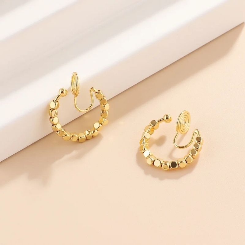 Boucle D'oreille Clip Femme Créole Dorée Perlée