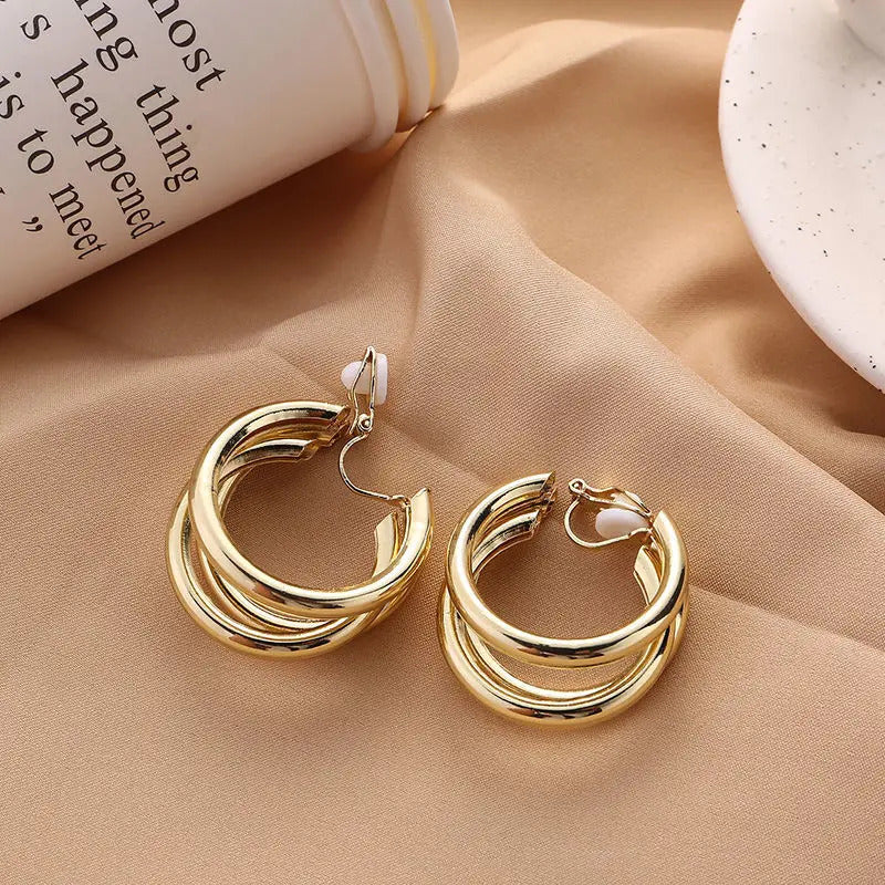 Boucle d'Oreille Clip Femme en Forme de Triple Boucle