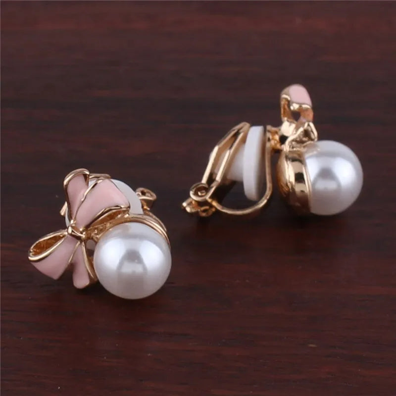 Boucle D'Oreille Clip Fillette Nœud et Perle Élégante