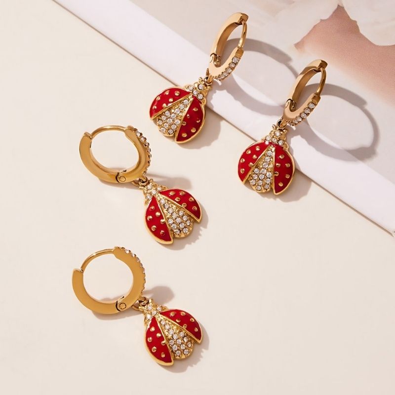 Boucle D'oreille Coccinelle Pendante Acier Inoxydable
