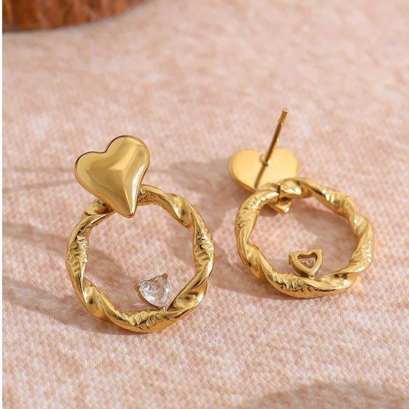 Boucle D'oreille Cœur Cercle Martelé Acier Inoxydable Image