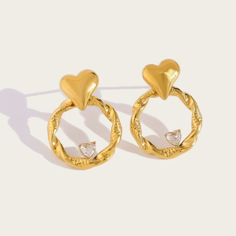 Boucle D'oreille Cœur Cercle Martelé Acier Inoxydable