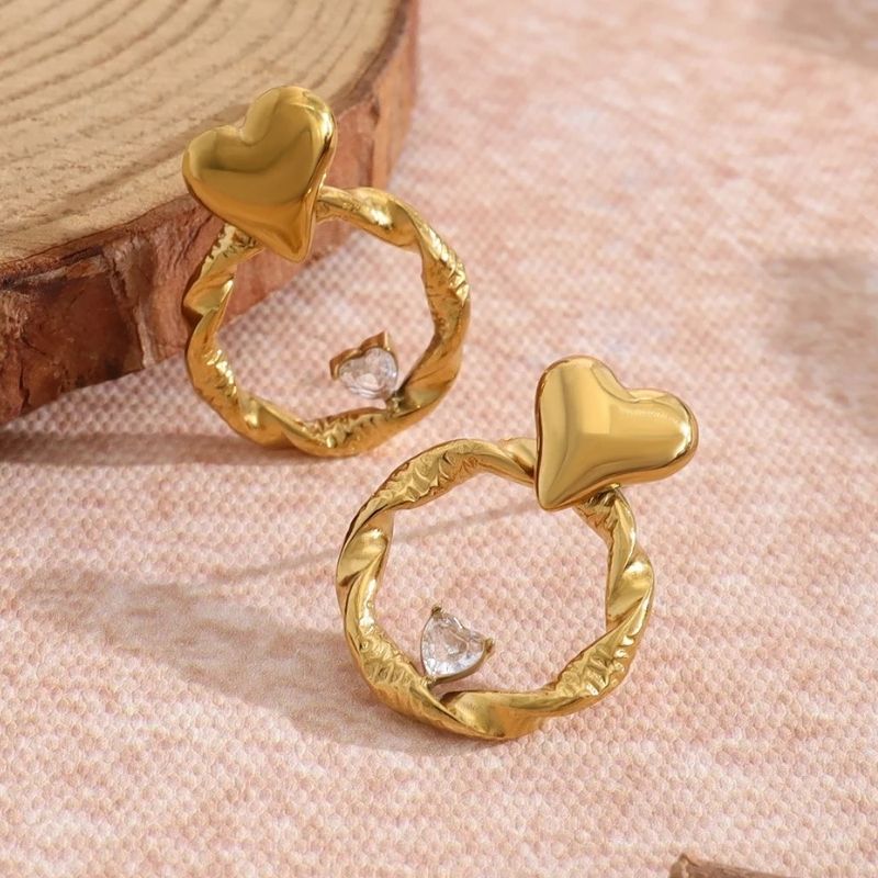 Boucle D'oreille Cœur Cercle Martelé Acier Inoxydable