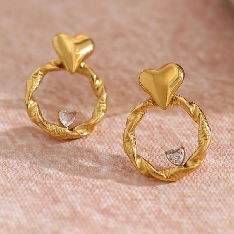 Boucle D'oreille Cœur Cercle Martelé Acier Inoxydable Image
