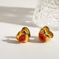 Boucle d'Oreille Cœur Doré Bouche Rouge - Acier Inoxydable