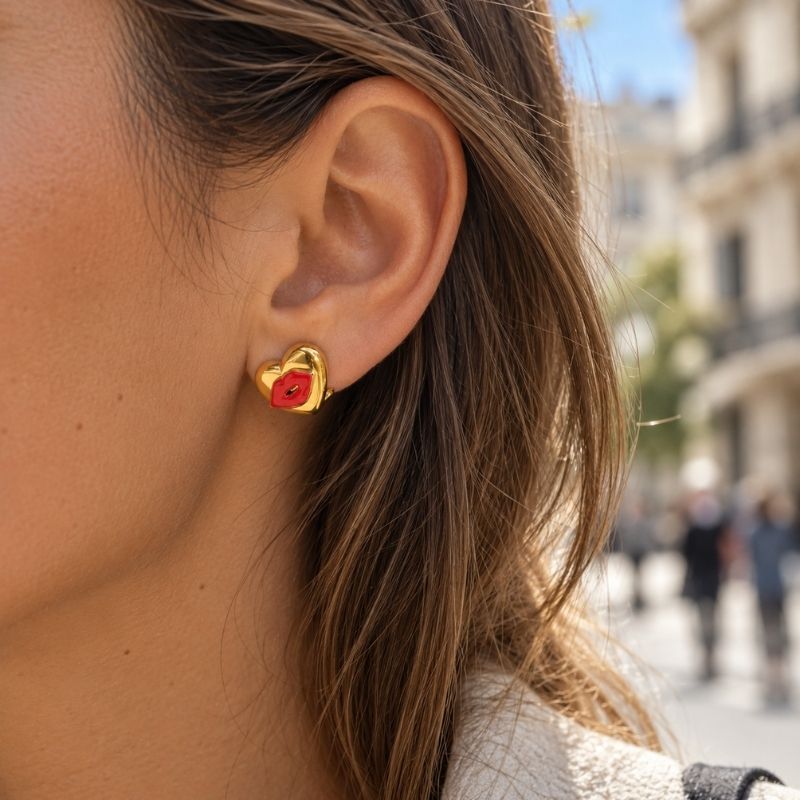 Boucle d'Oreille Cœur Doré Bouche Rouge - Acier Inoxydable
