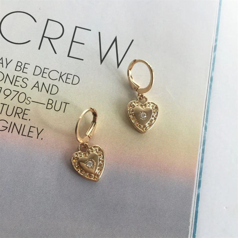 Boucle D'oreille Cœur Doré Vintage Strass Délicat