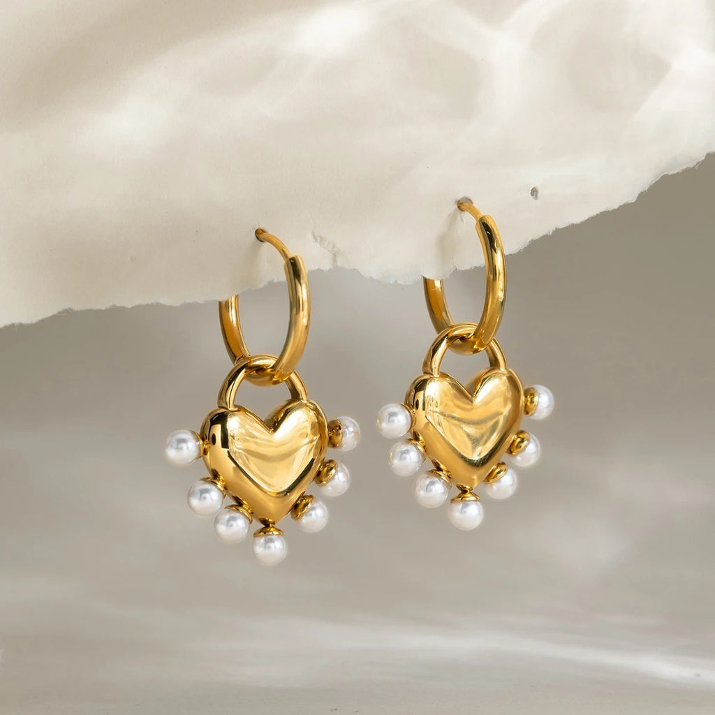 Boucle D'oreille Cœur Dorée Perles Élégantes - Acier Inoxydable