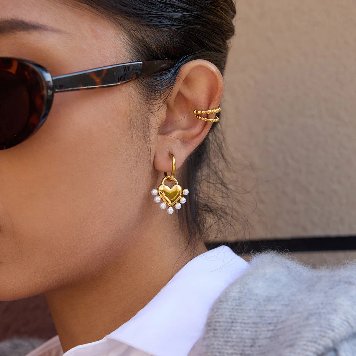 Boucle D'oreille Cœur Dorée Perles Élégantes - Acier Inoxydable