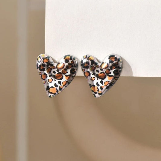 Boucle D'Oreille Cœur Léopard Argenté Glossy