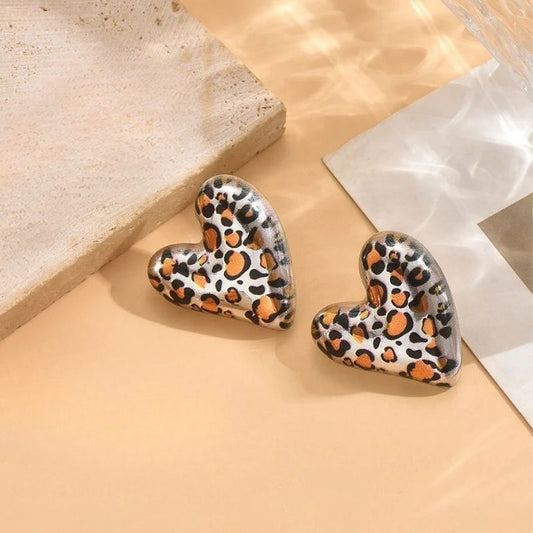 Boucle D'Oreille Cœur Léopard Argenté Glossy