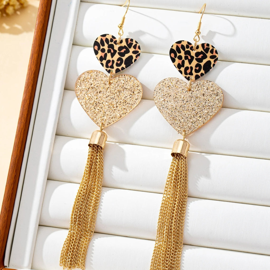 Boucle D'Oreille Cœur Léopard Et Chaînes Dorées