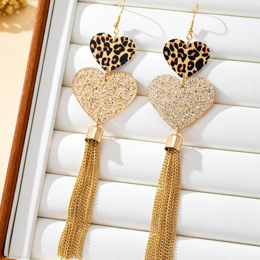 Boucle D'Oreille Cœur Léopard Et Chaînes Dorées