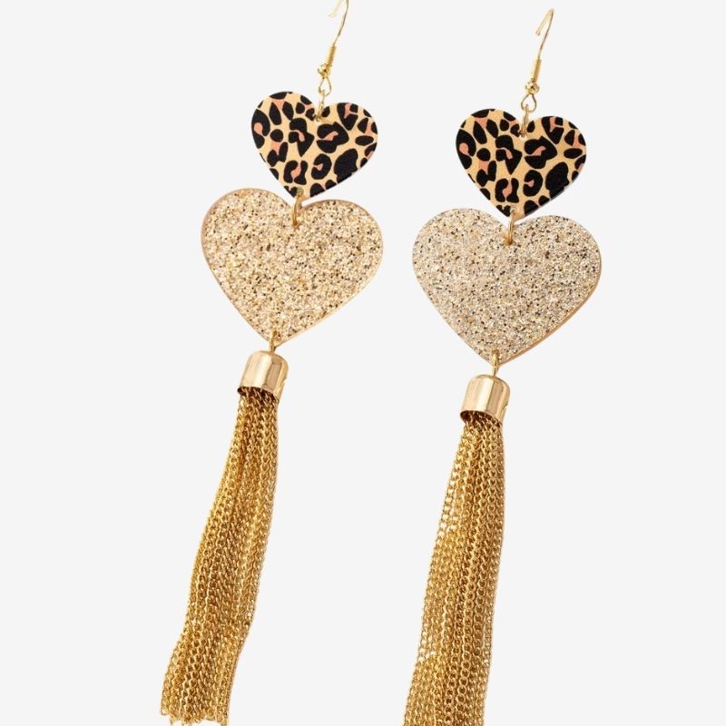 Boucle D'Oreille Cœur Léopard Et Chaînes Dorées