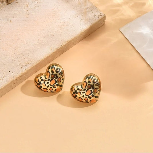 Boucle D'Oreille Cœur Léopard Et Doré
