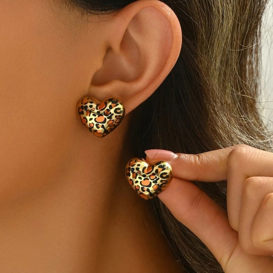 Boucle D'Oreille Cœur Léopard Et Doré