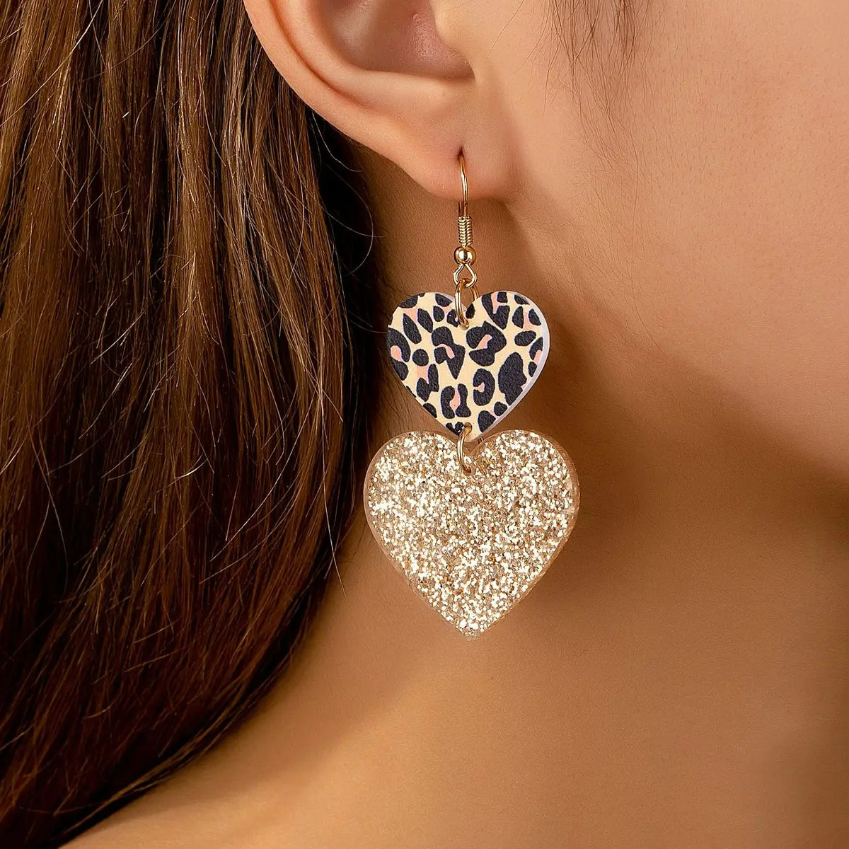 Boucle D'Oreille Cœur Léopard Et Duo Doré