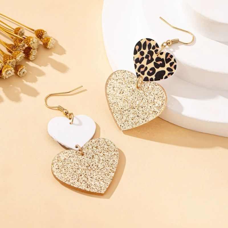 Boucle D'Oreille Cœur Léopard Et Duo Doré