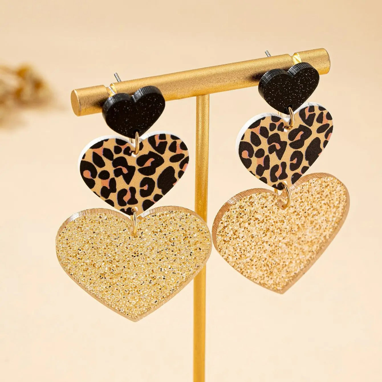 Boucle D'Oreille Cœur Trio Léopard Et Doré Pailleté