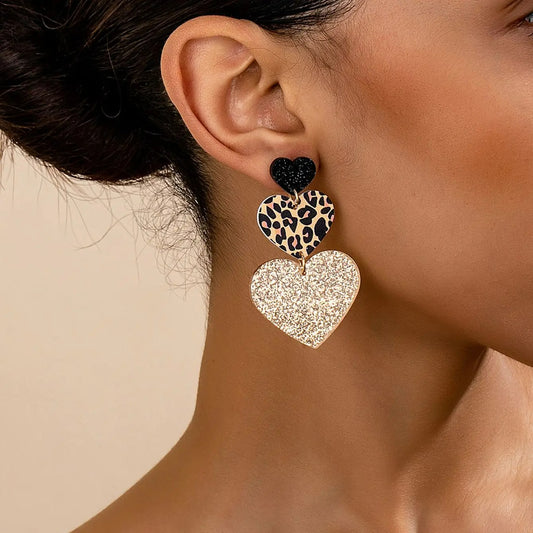 Boucle D'Oreille Cœur Trio Léopard Et Doré Pailleté