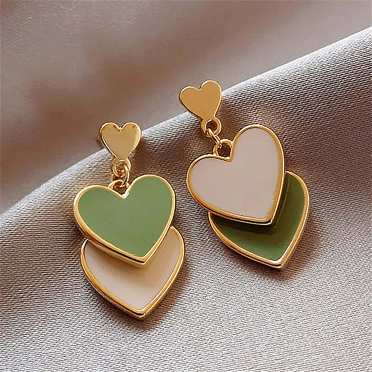 Boucle D'oreille Cœur Vert et Blanc